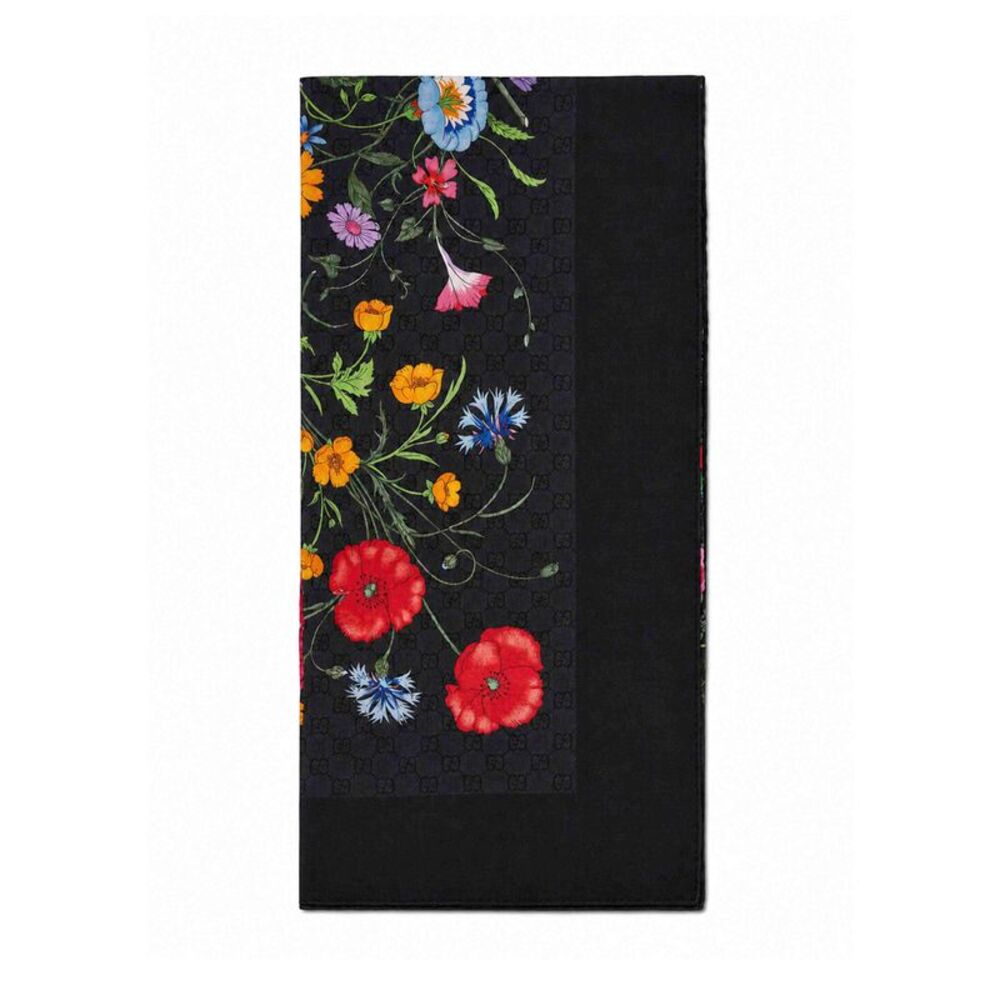 Gucci Women Black Floral Print Wool And Silk Scarf <Br/>